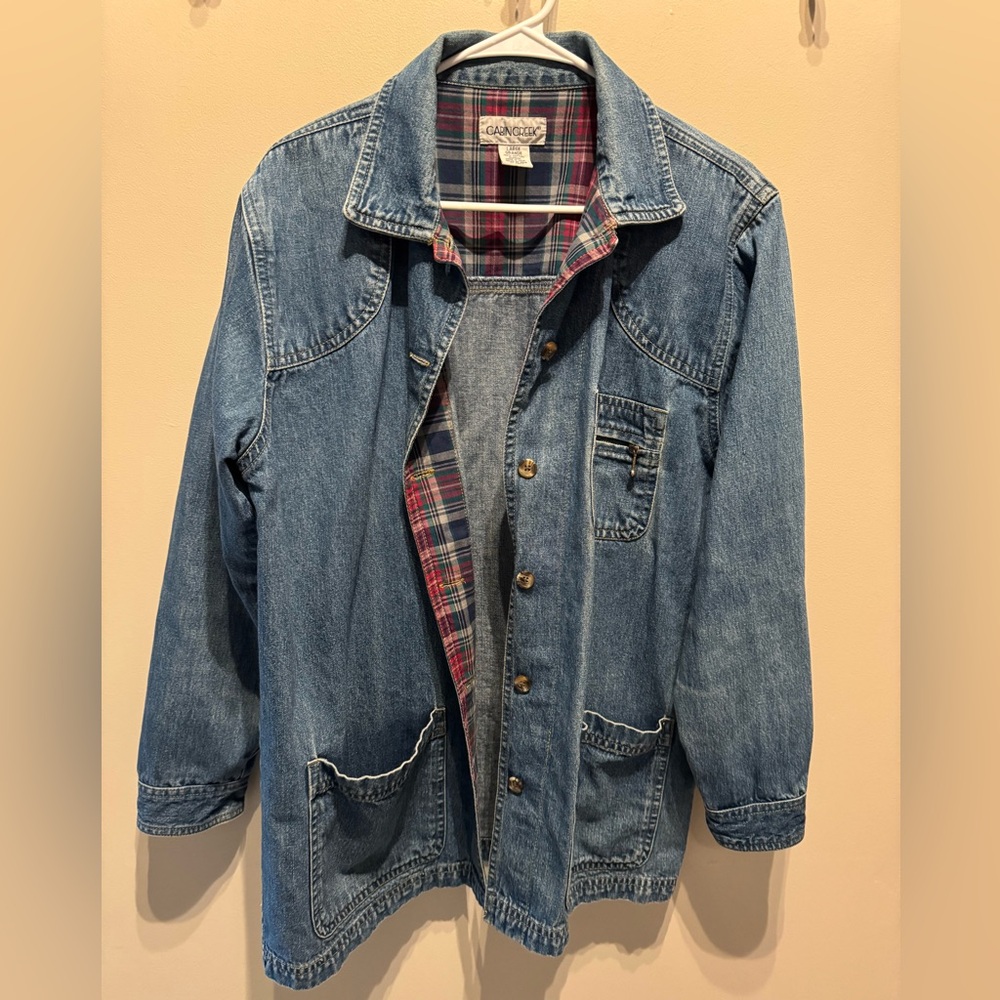 Cabin Creek Blue Denim Jean Jacket with Plaid Lining